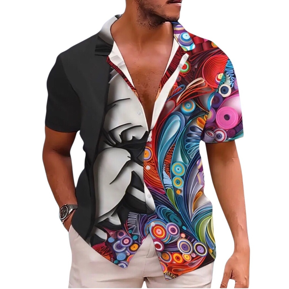 Face & Ethnic Pattern Print Short Sleeve Shirt w Lapel Collar (Lg)